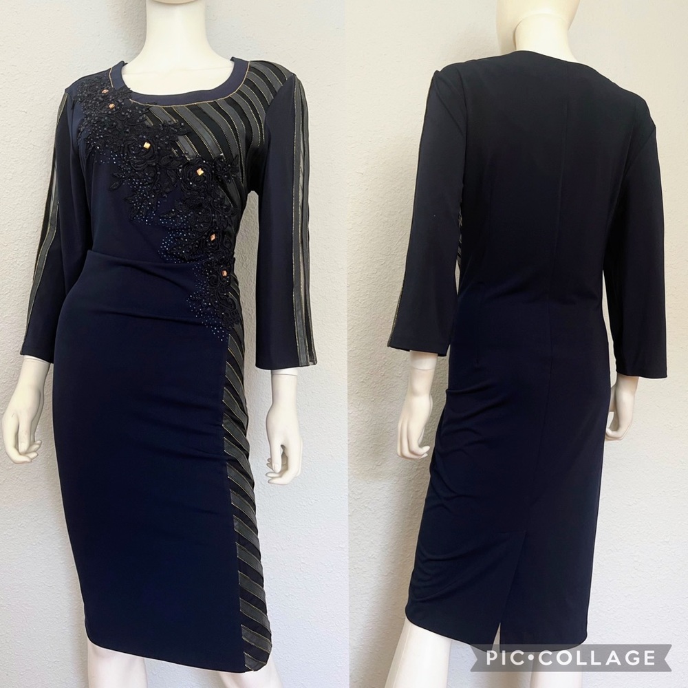 Elegant Navy Midi Dress with Embellished Detail